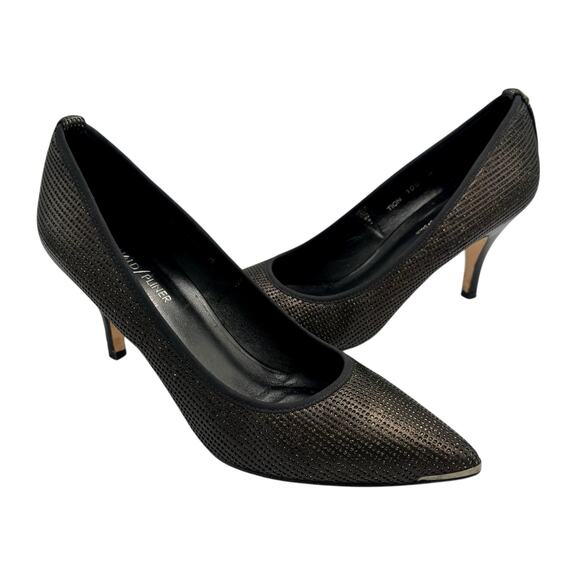 Donald J Pliner Tion Black Leather Gold Detail Perforated Pointed High Heel Pump - Picture 1 of 11